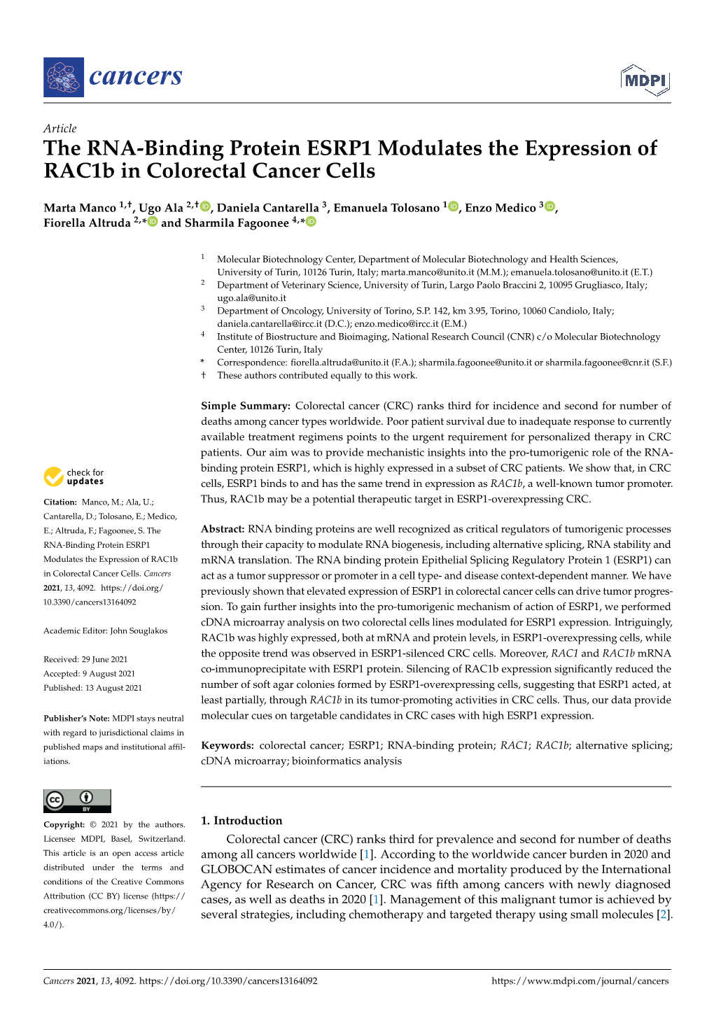 The RNA-Binding Protein ESRP1 Modulates the Expression of Rac1b in Colorectal Cancer Cells