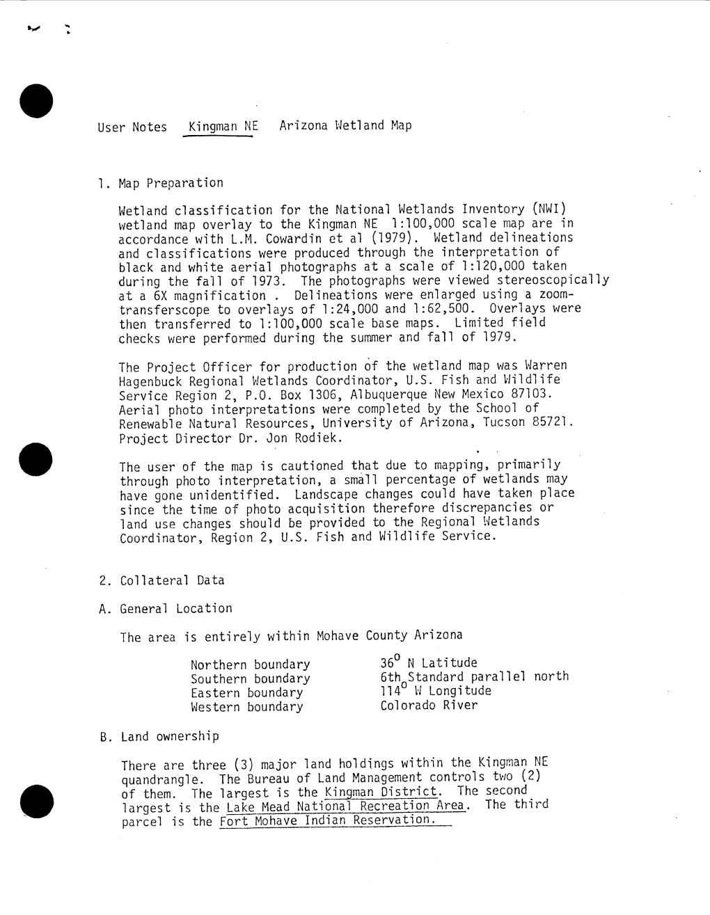 User Notes Kingman N E Arizona Wetland Map 1 . Map Preparation