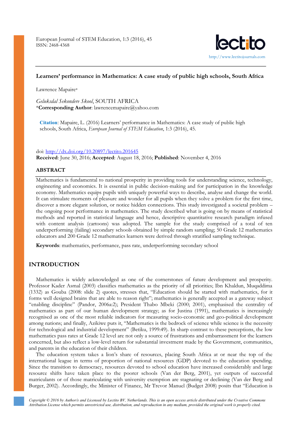 Learners' Performance in Mathematics: a Case Study of Public High