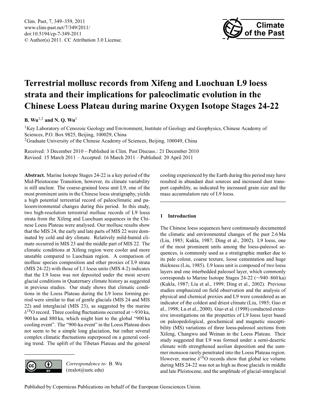 Terrestrial Mollusc Records from Xifeng and Luochuan L9 Loess Strata And