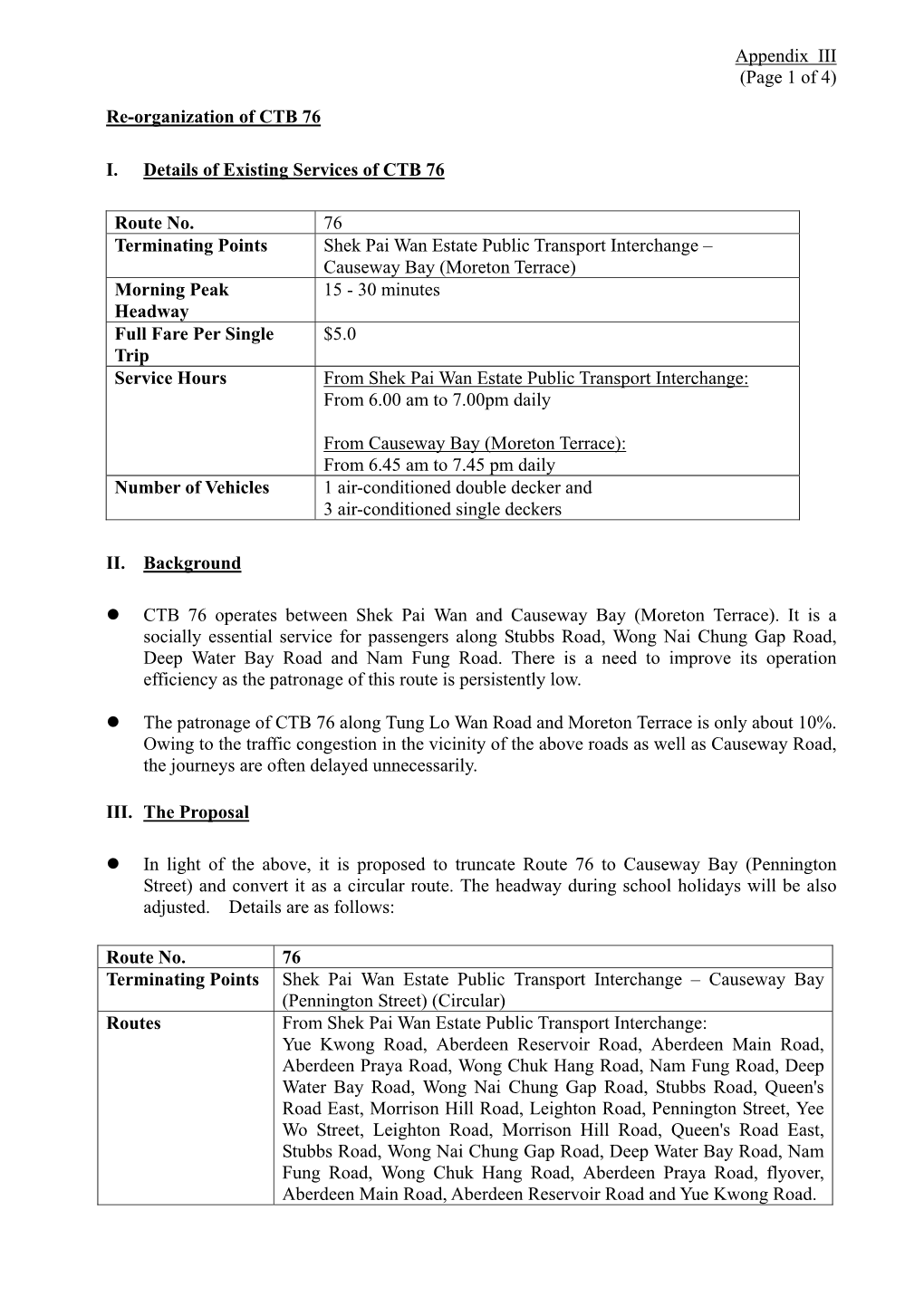 Appendix III (Page 1 of 4) Re-Organization of CTB 76 I. Details of Existing Services of CTB 76 Route No. 76 Terminating Points S