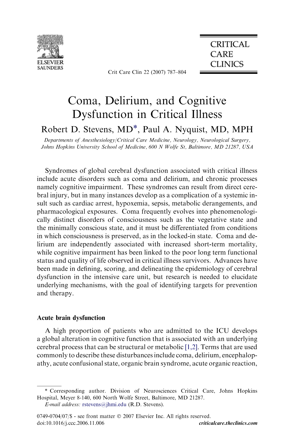 Coma, Delirium, and Cognitive Dysfunction in Critical Illness Robert D