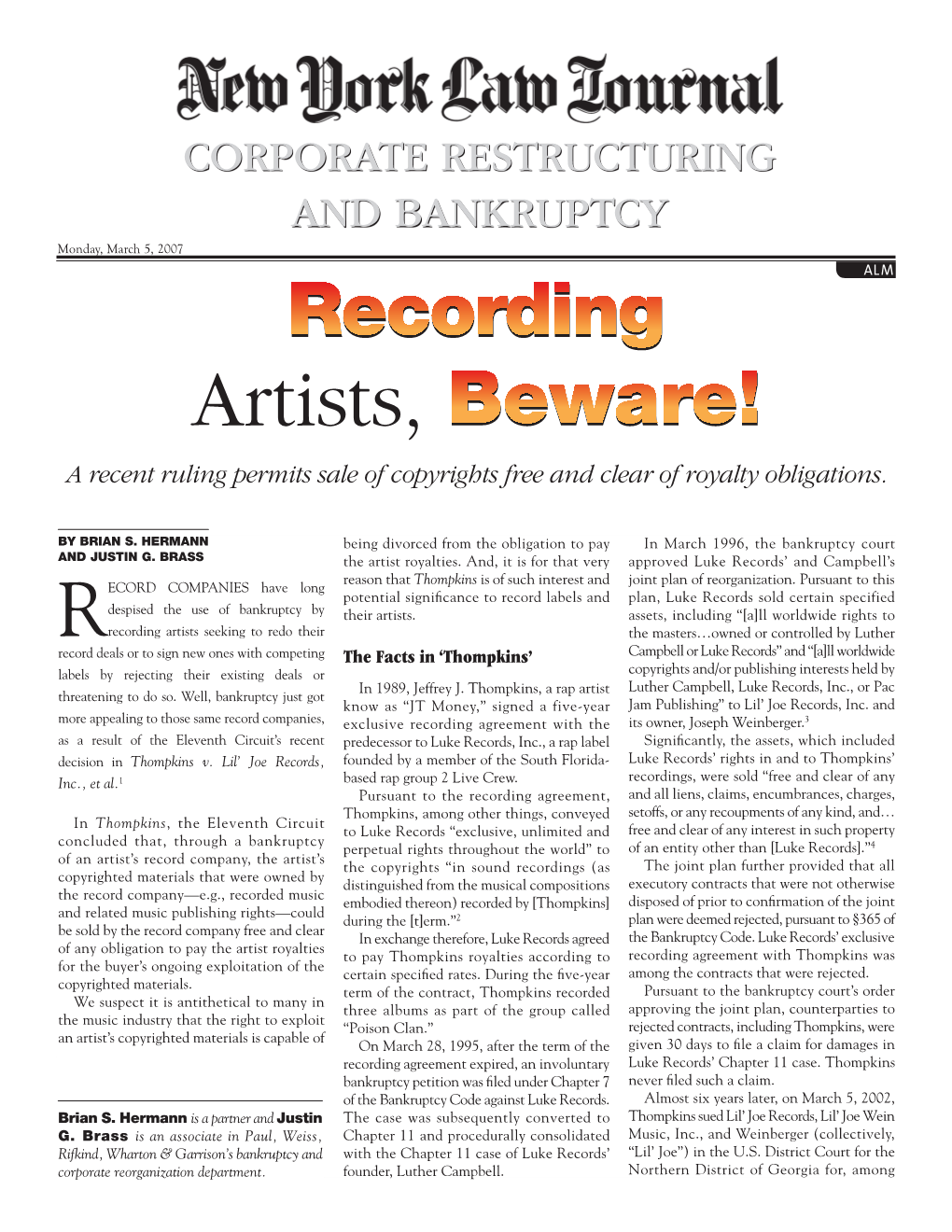 Artists, Beware! a Recent Ruling Permits Sale of Copyrights Free and Clear of Royalty Obligations