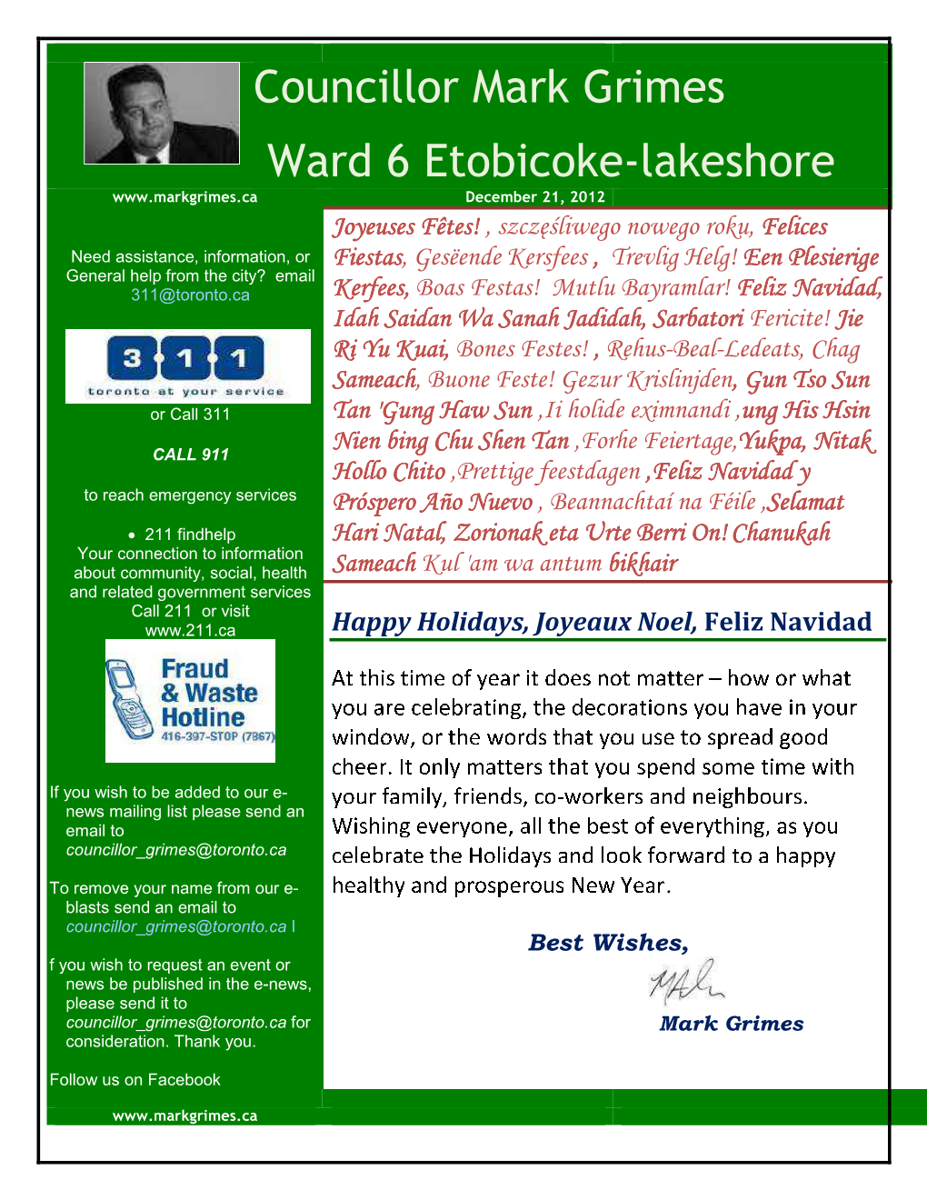 Councillor Mark Grimes Ward 6 Etobicoke-Lakeshore