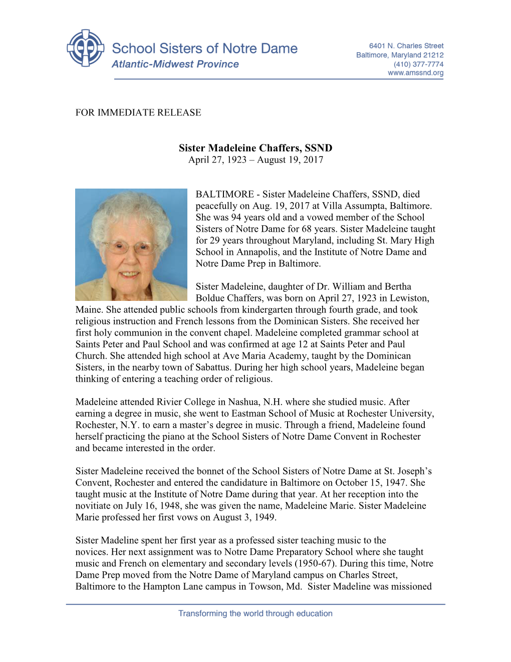 Sister Madeleine Chaffers, SSND April 27, 1923 – August 19, 2017