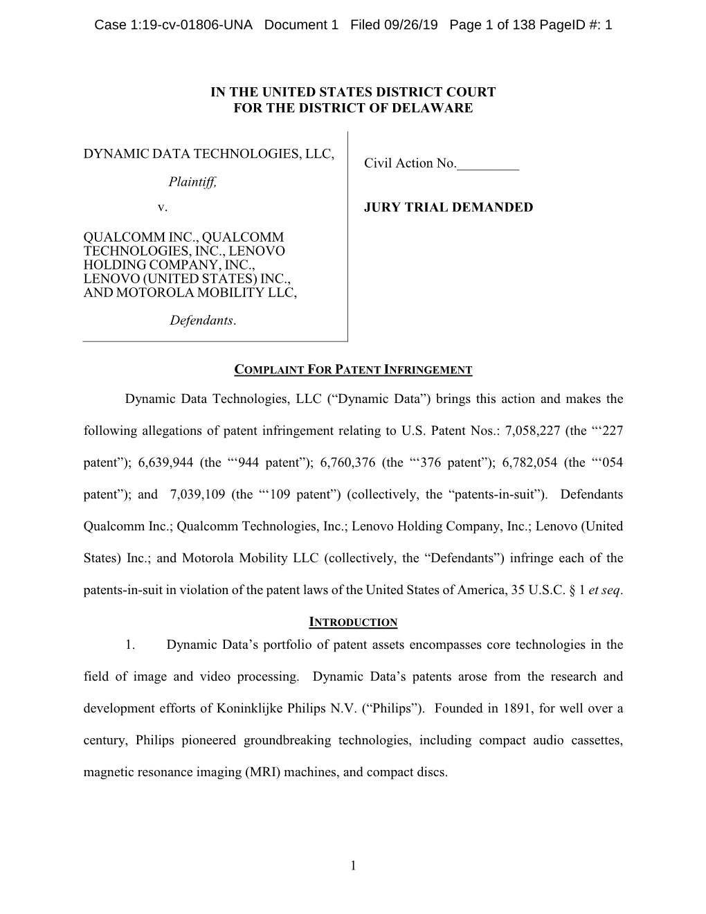 Case 1:19-Cv-01806-UNA Document 1 Filed 09/26/19 Page 1 of 138 Pageid #: 1