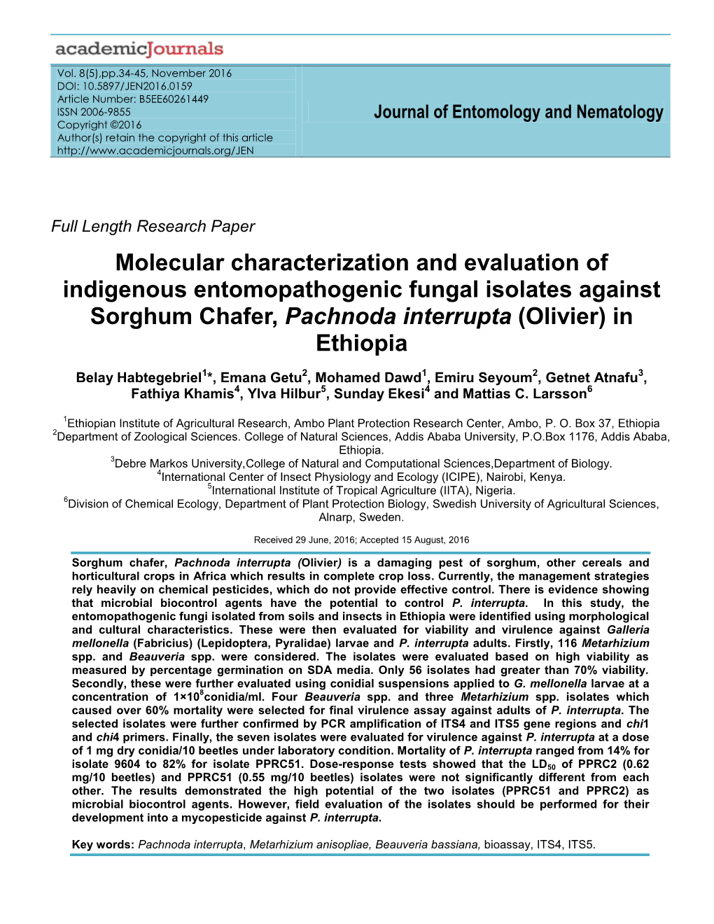 Molecular Characterization and Evaluation of Indigenous Entomopathogenic Fungal Isolates Against Sorghum Chafer, Pachnoda Interrupta (Olivier) in Ethiopia