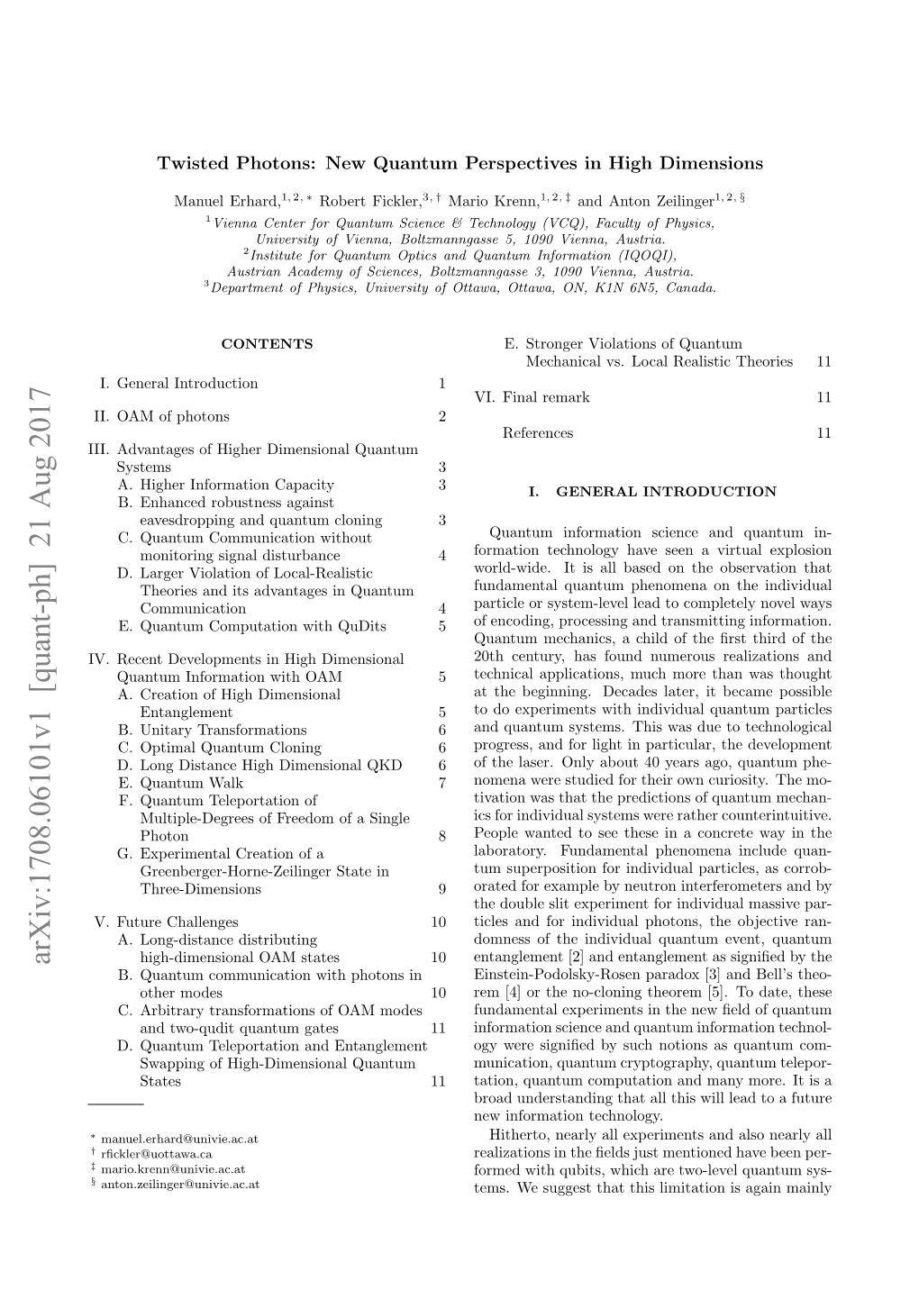 Arxiv:1708.06101V1 [Quant-Ph] 21 Aug 2017 High-Dimensional OAM States 10 B