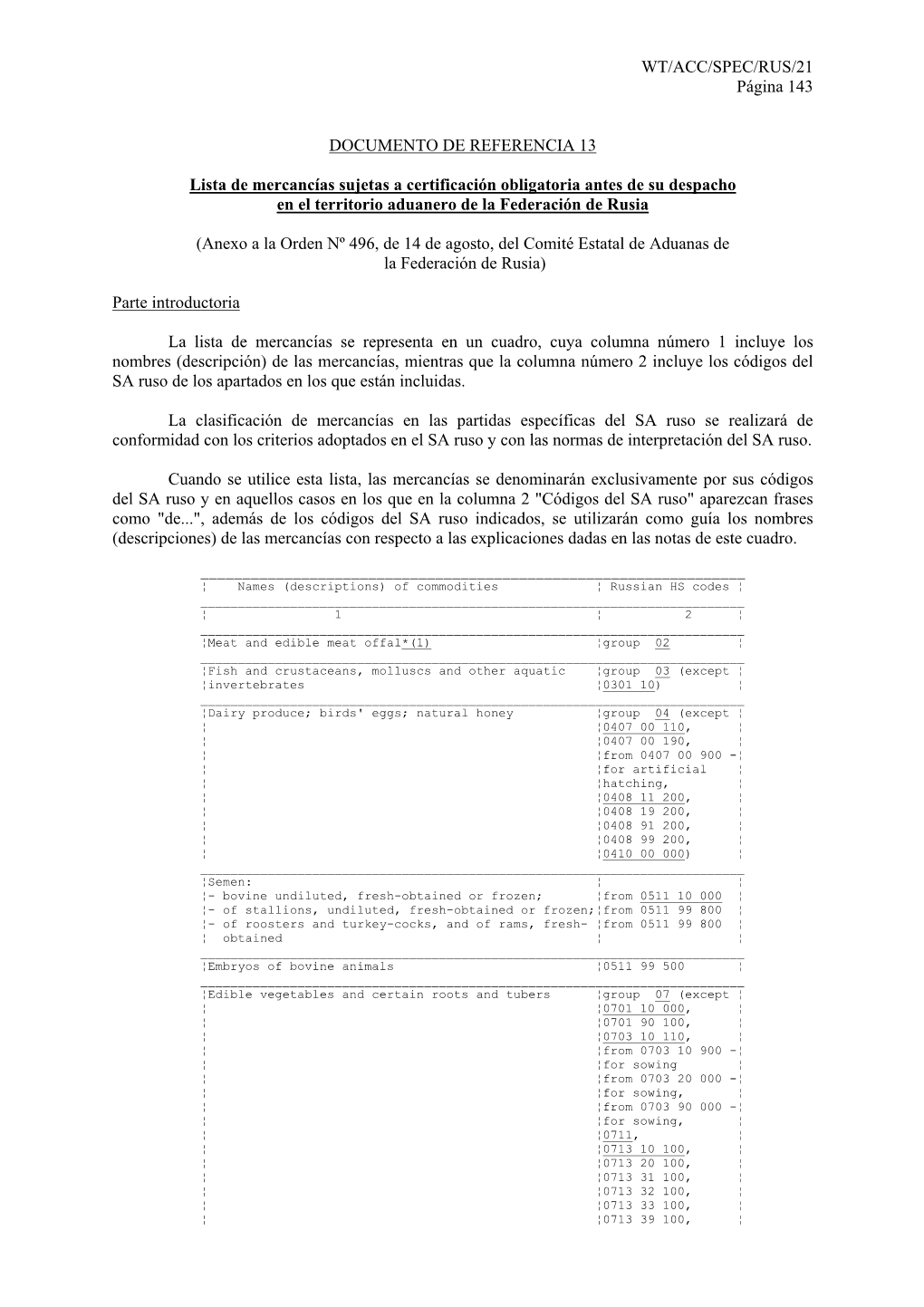 WT/ACC/SPEC/RUS/21 Página 143 DOCUMENTO DE REFERENCIA 13 Lista De Mercancías Sujetas a Certificación Obligatoria Antes De Su