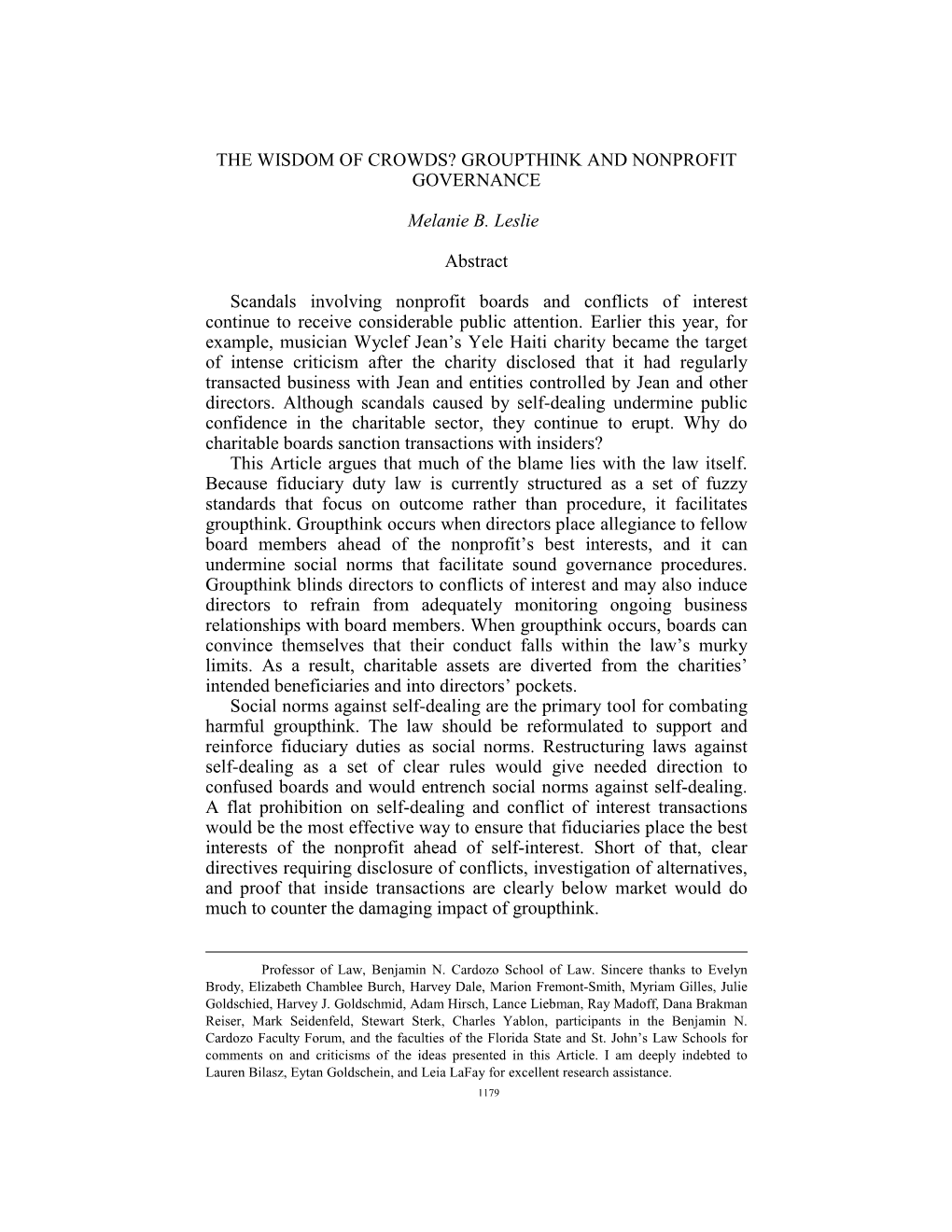 The Wisdom of Crowds? Groupthink and Nonprofit Governance