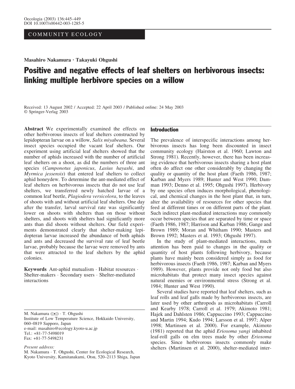 Positive and Negative Effects of Leaf Shelters on Herbivorous Insects: Linking Multiple Herbivore Species on a Willow