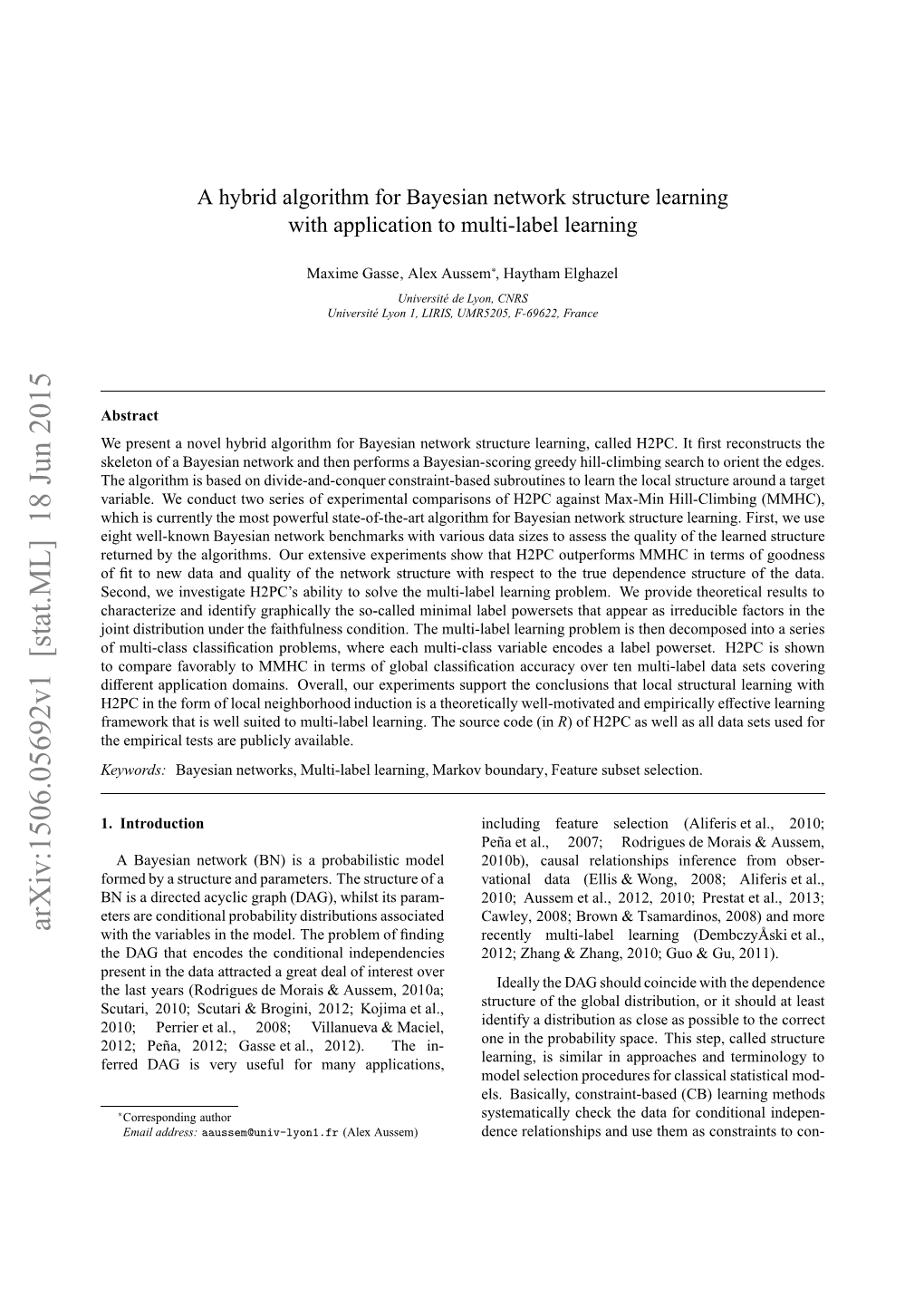 Arxiv:1506.05692V1 [Stat.ML] 18 Jun 2015 Keywords: Available