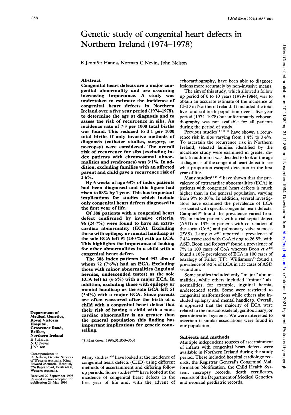 Genetic Study of Congenital Heart Defects In