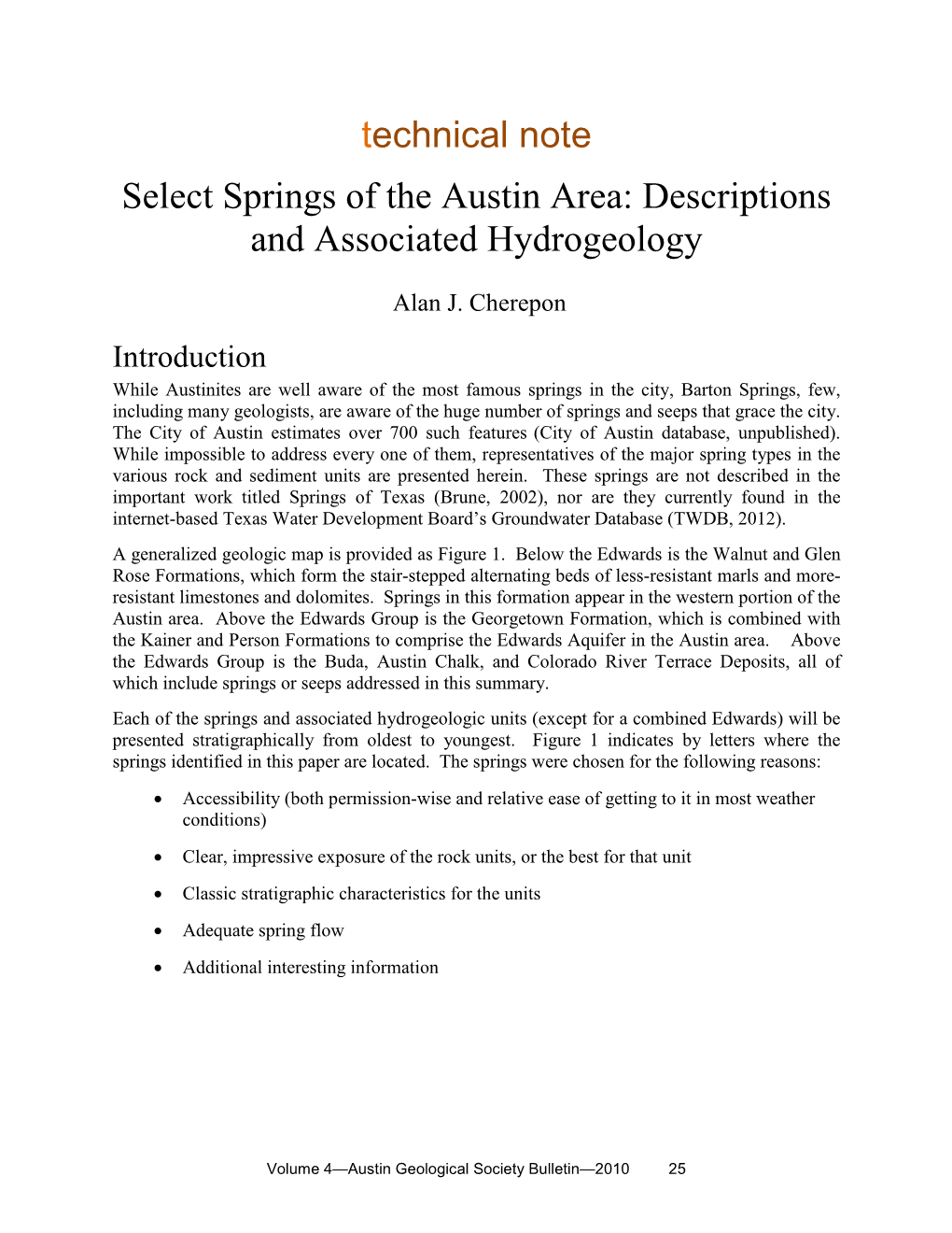 Technical Note Select Springs of the Austin Area: Descriptions And