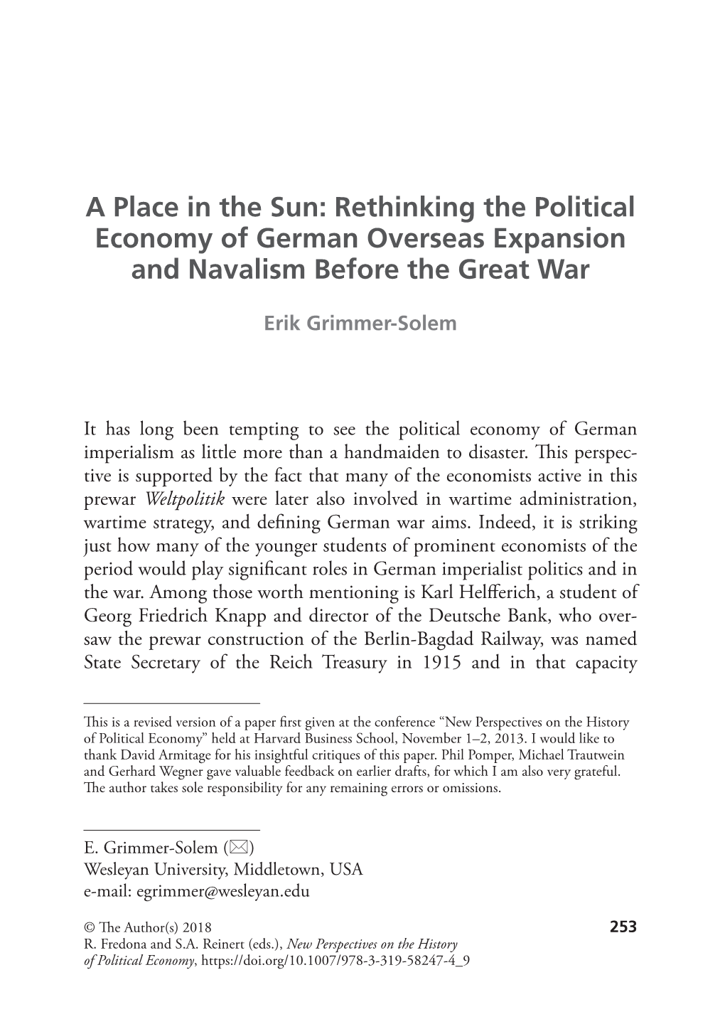 A Place in the Sun: Rethinking the Political Economy of German Overseas Expansion and Navalism Before the Great War