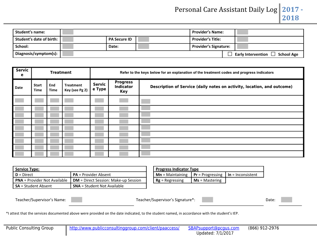 Personal Care Assistant Daily Encounter Log