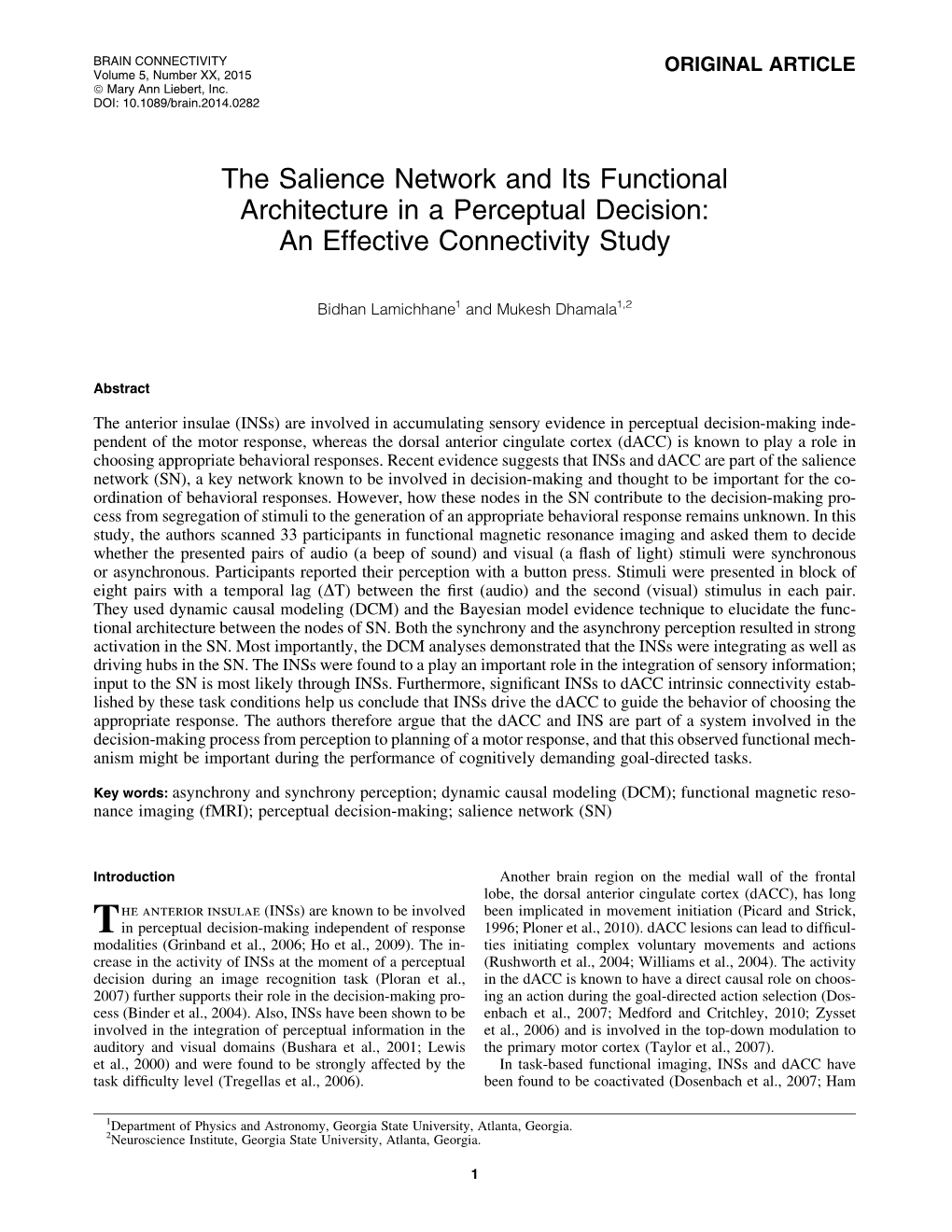 The Salience Network and Its Functional Architecture in a Perceptual Decision: an Effective Connectivity Study