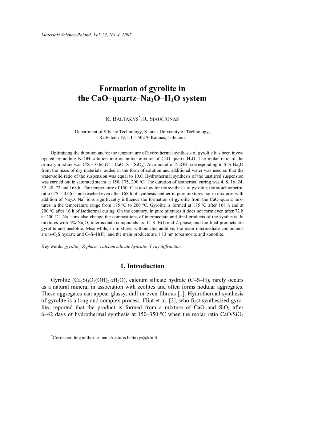 Formation of Gyrolite in the Cao–Quartz–Na2o–H2O System