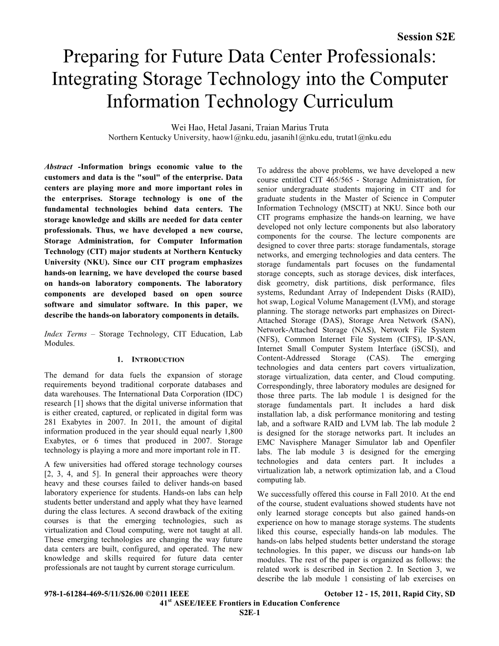 Preparing for Future Data Center Professionals: Integrating Storage Technology Into the Computer Information Technology Curriculum