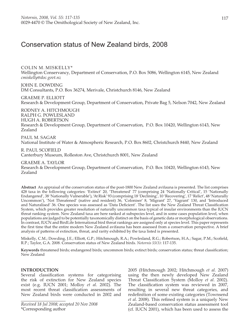 Conservation Status of New Zealand Birds, 2008