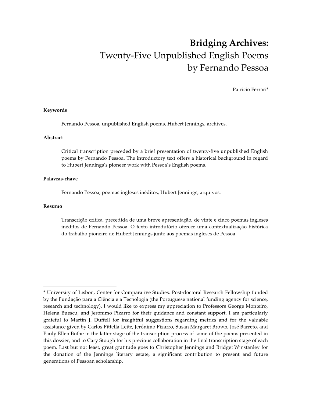 Twenty-‐‑Five Unpublished English Poems by Fernando Pessoa