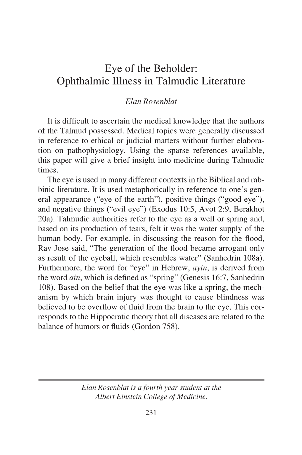 Eye of the Beholder: Ophthalmic Illness in Talmudic Literature