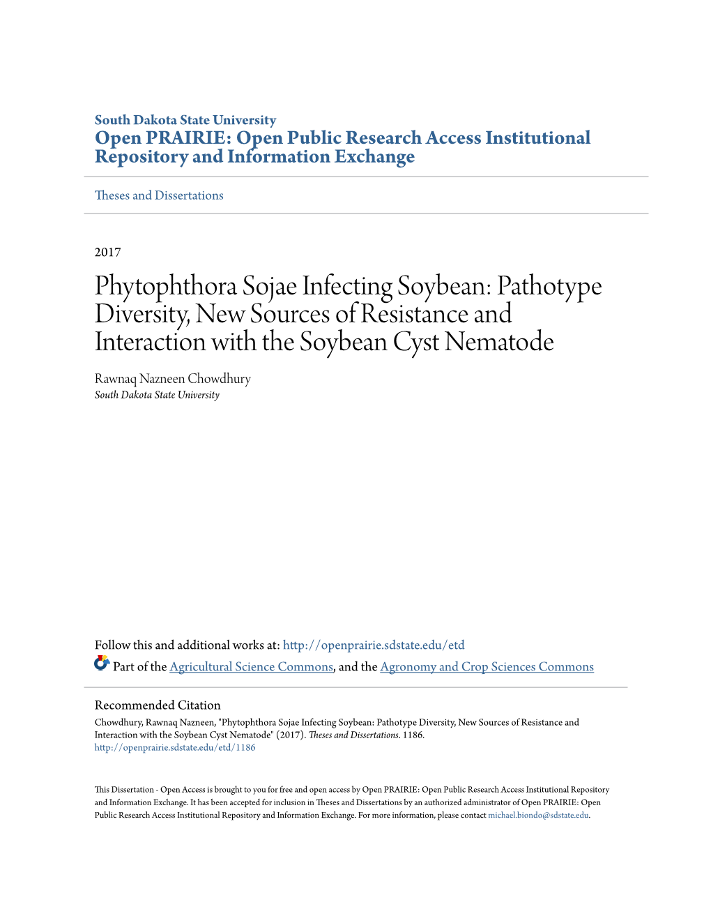 Phytophthora Sojae Infecting Soybean: Pathotype Diversity, New Sources