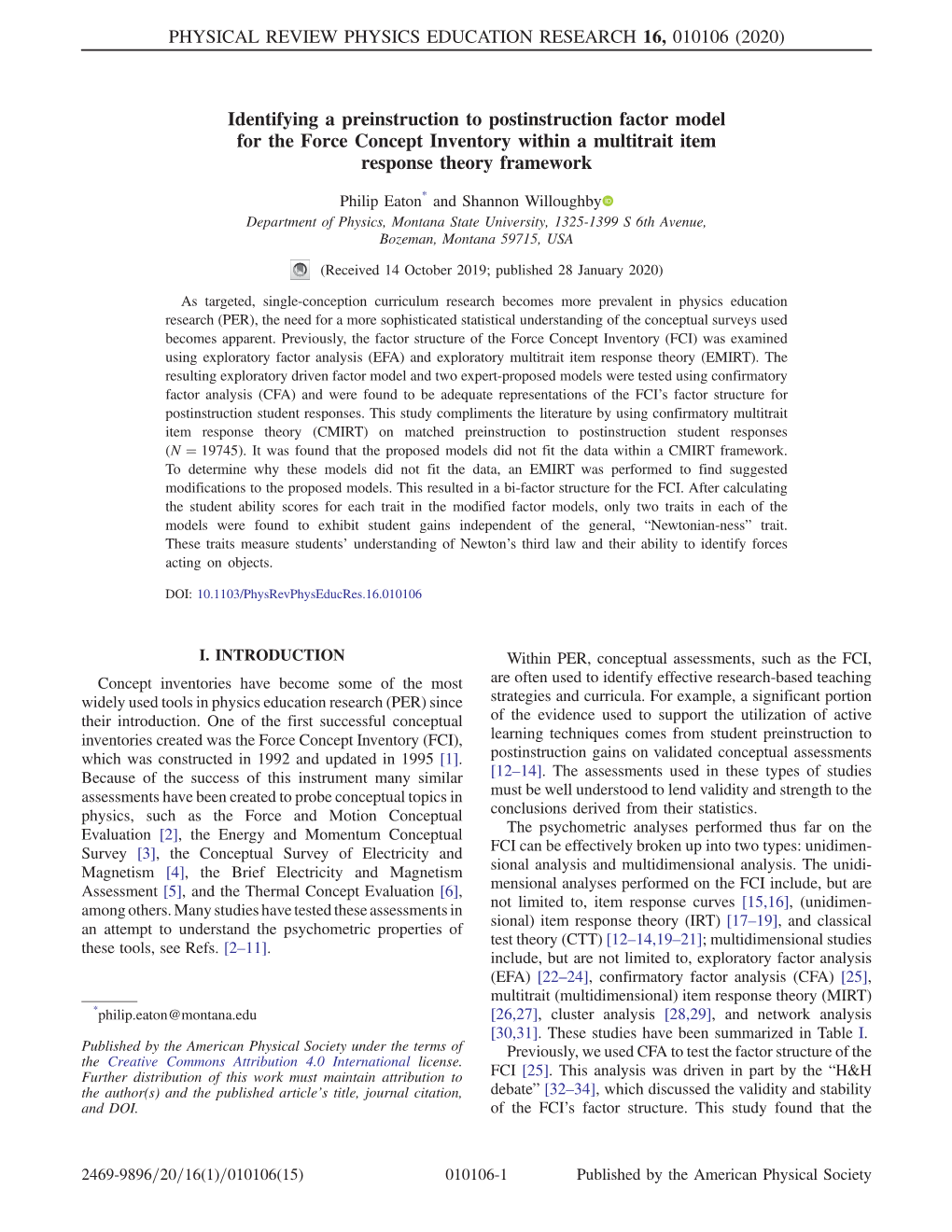 Identifying a Preinstruction to Postinstruction Factor Model for the Force Concept Inventory Within a Multitrait Item Response Theory Framework