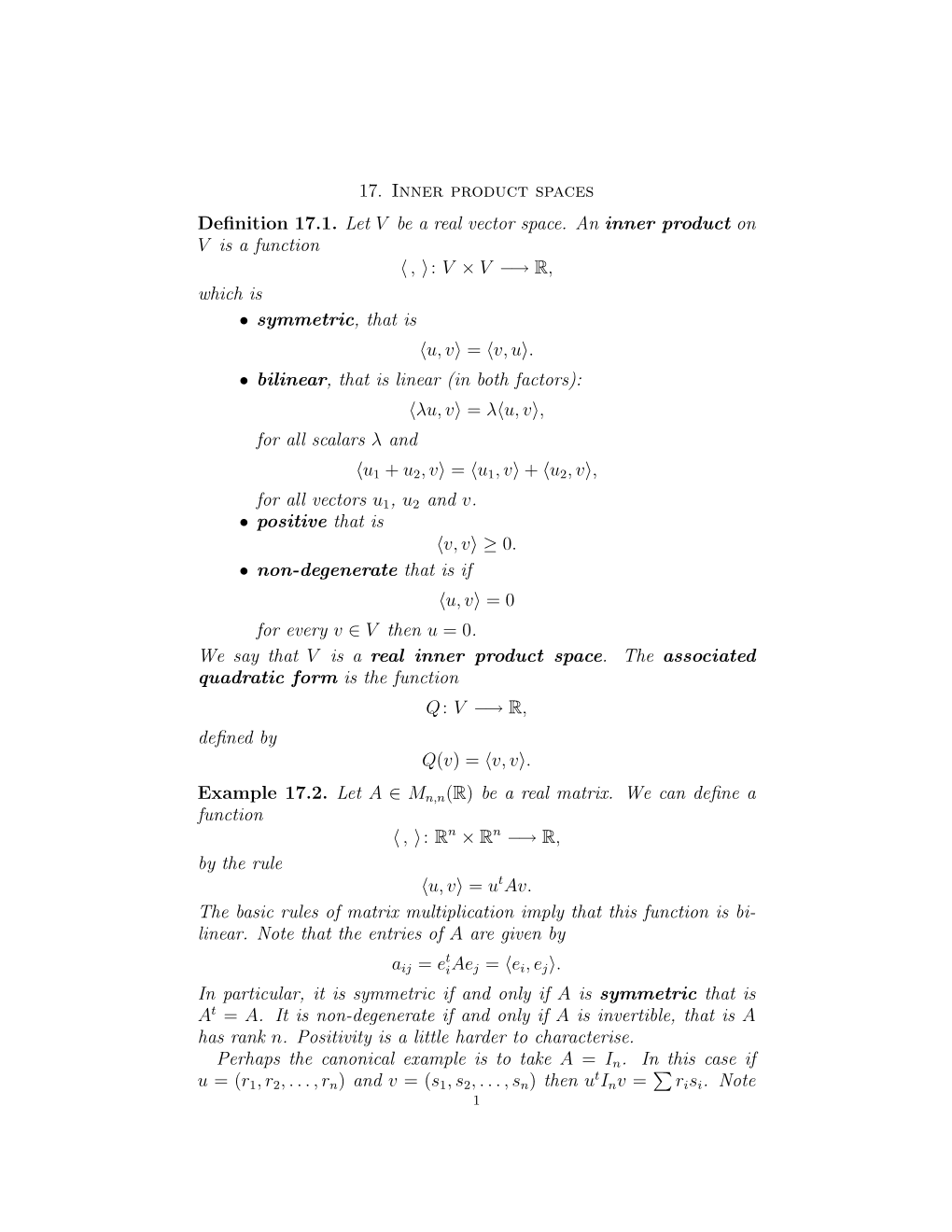 17. Inner Product Spaces Definition 17.1. Let V Be a Real Vector Space