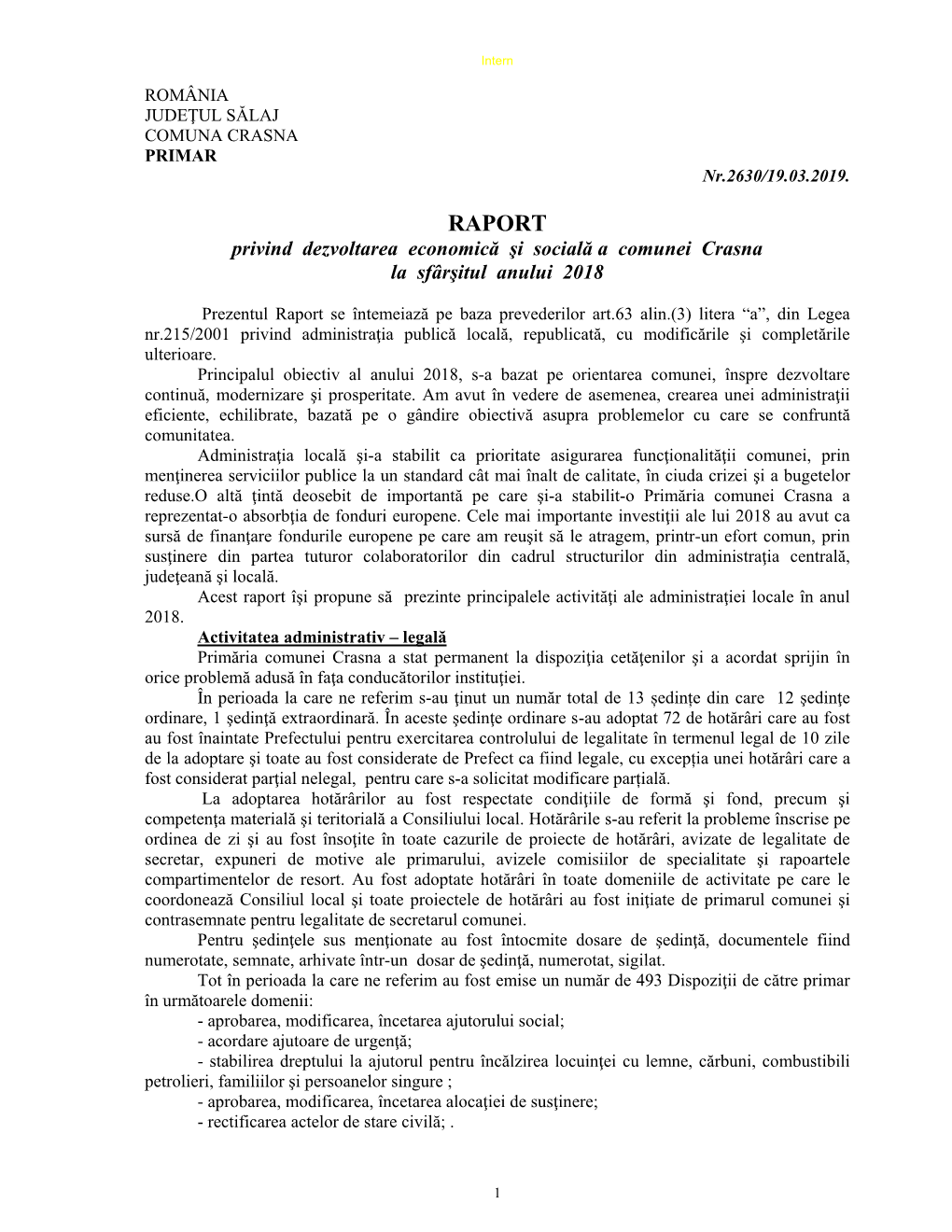 RAPORT Privind Dezvoltarea Economică Şi Socială a Comunei Crasna La Sfârşitul Anului 2018