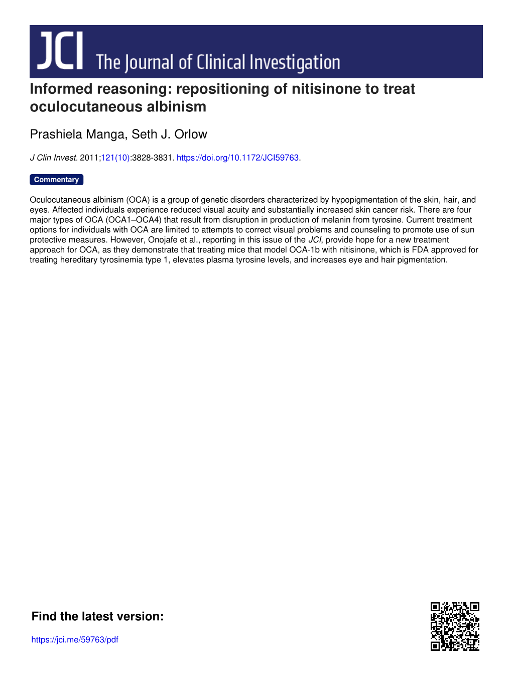 Repositioning of Nitisinone to Treat Oculocutaneous Albinism