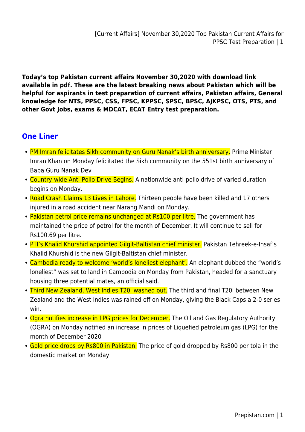 [Current Affairs] November 30,2020 Top Pakistan