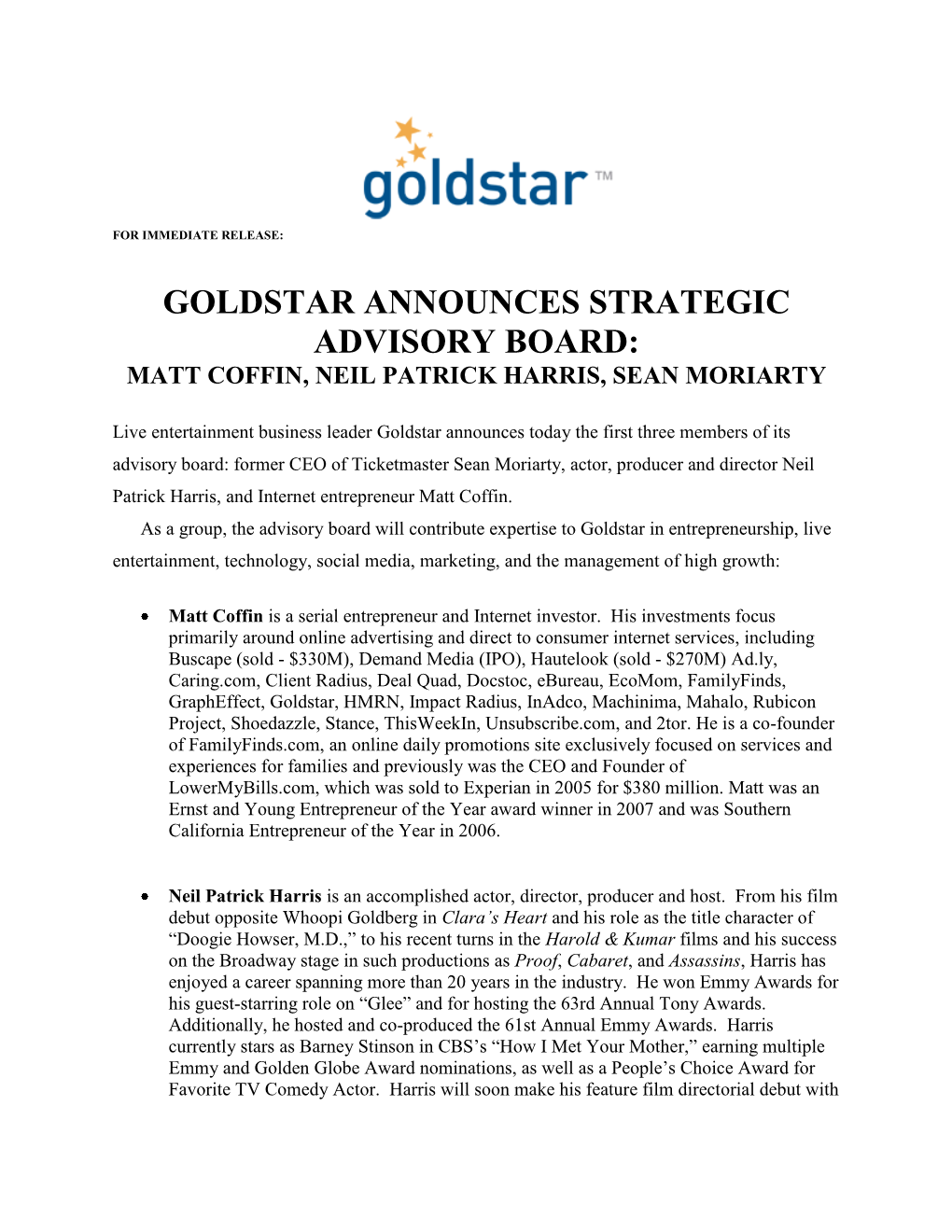 Goldstar Announces Strategic Advisory Board: Matt Coffin, Neil Patrick Harris, Sean Moriarty