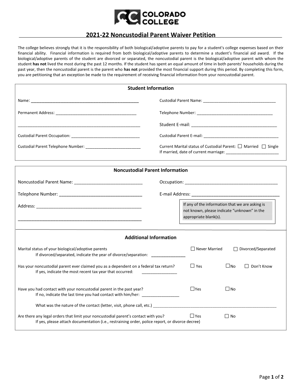 2021-22 Noncustodial Parent Waiver Petition