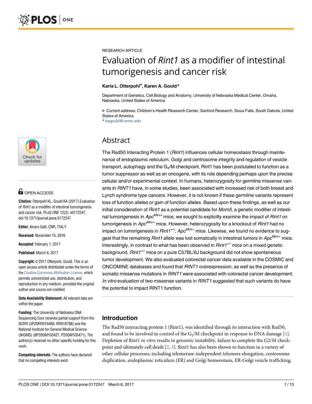 Evaluation of Rint1 As a Modifier of Intestinal Tumorigenesis and Cancer Risk