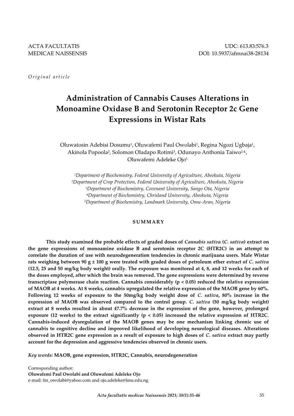 Administration of Cannabis Causes Alterations in Monoamine Oxidase B and Serotonin Receptor 2C Gene Expressions in Wistar Rats