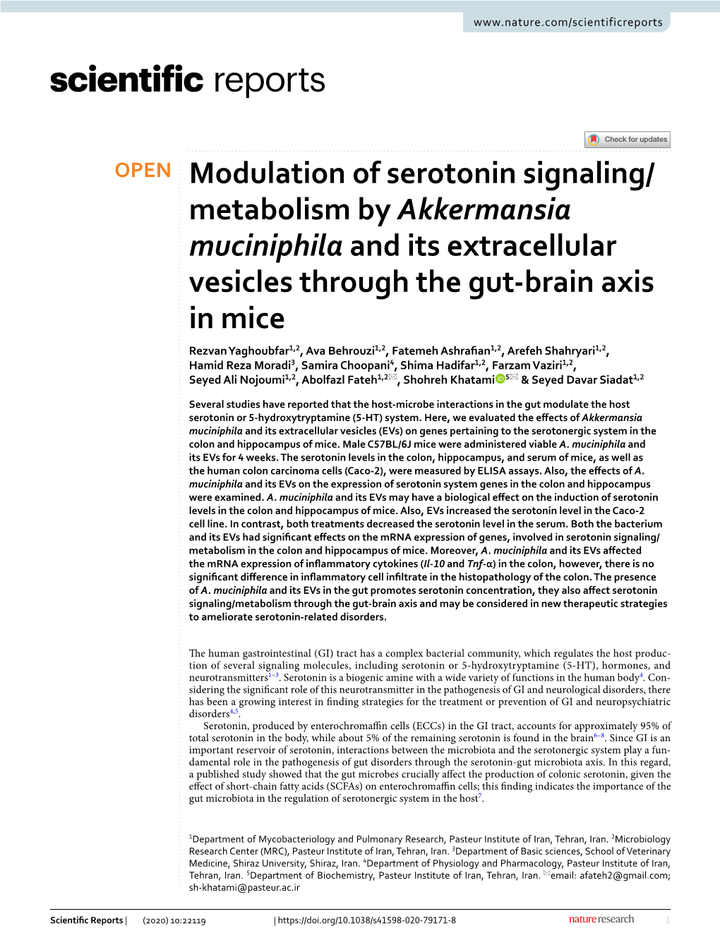 Modulation of Serotonin Signaling/Metabolism by Akkermansia Muciniphila and Its Extracellular Vesicles Through the Gut-Brain