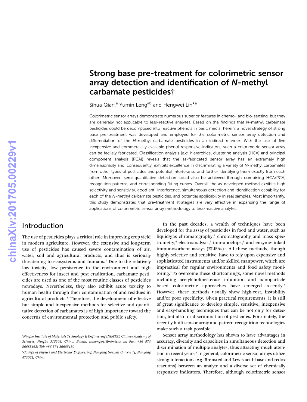 Strong Base Pre-Treatment for Colorimetric Sensor Array Detection and Identiﬁcation of N-Methyl Carbamate Pesticides†