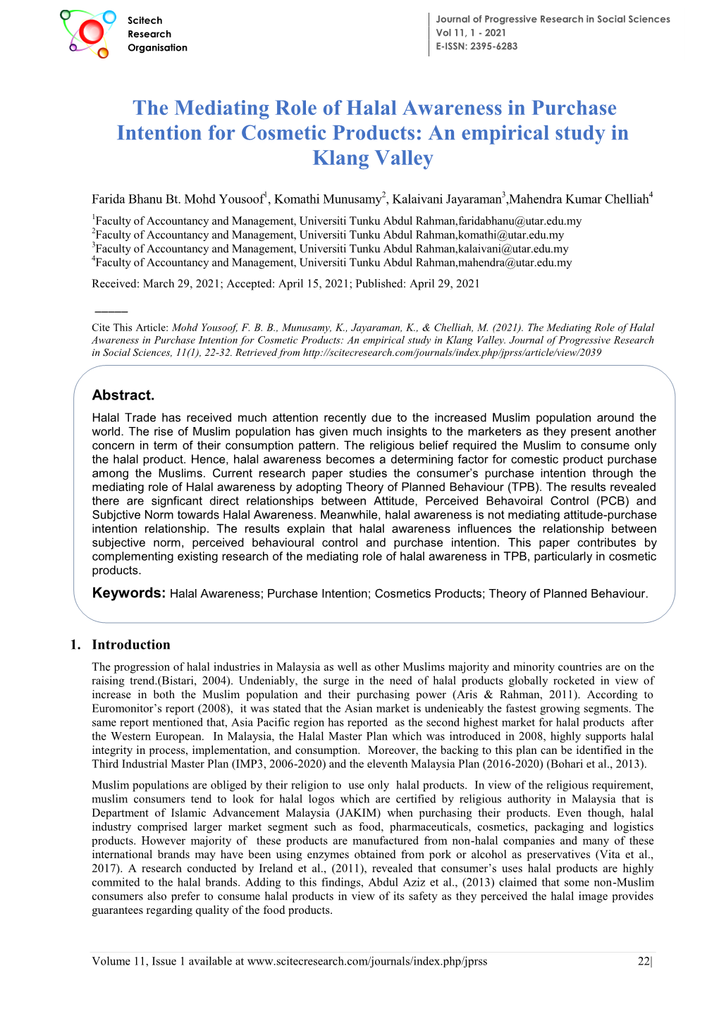 The Mediating Role of Halal Awareness in Purchase Intention for Cosmetic Products: an Empirical Study in Klang Valley