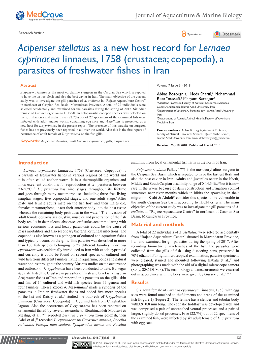 Acipenser Stellatus As a New Host Record for Lernaea Cyprinacea Linnaeus, 1758 (Crustacea; Copepoda), a Parasites of Freshwater Fishes in Iran