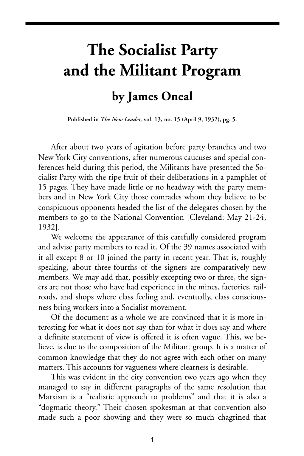 "The Socialist Party and the Militant Program," by James Oneal