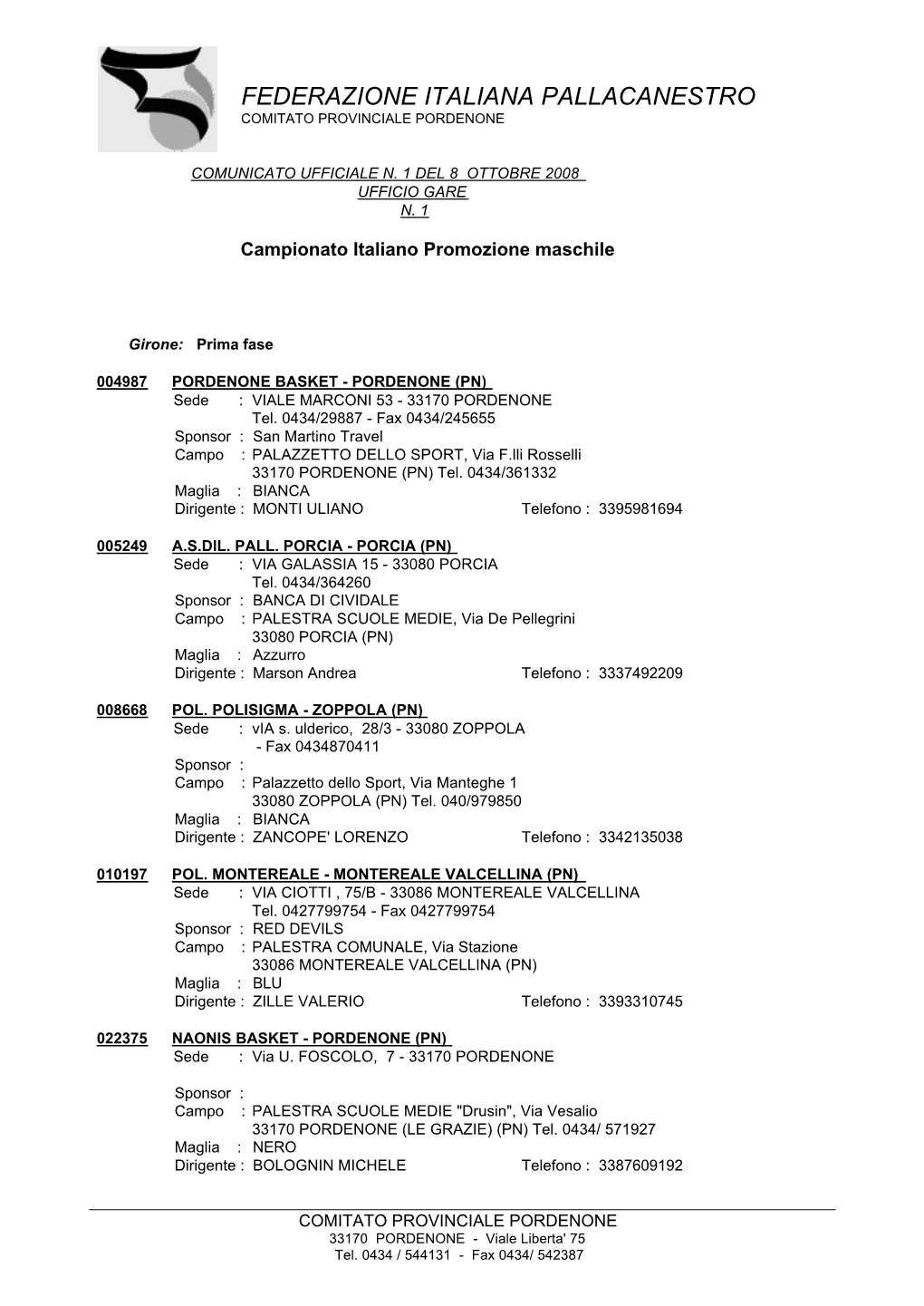 Federazione Italiana Pallacanestro Comitato Provinciale Pordenone