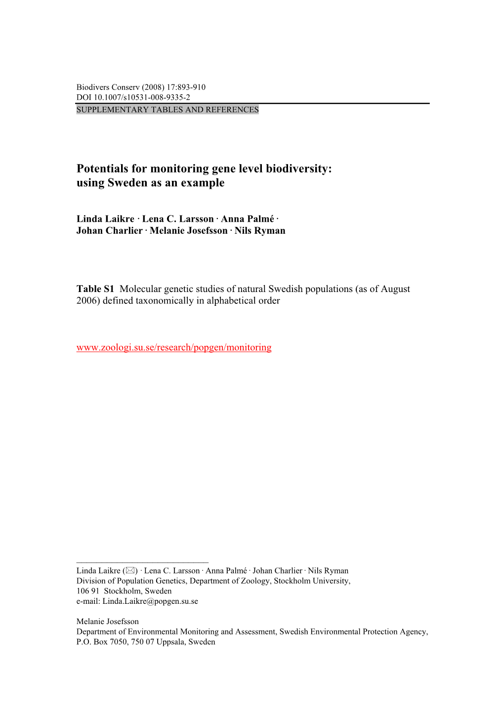 Biodivers Conserv (2008) 17:893-910 DOI 10.1007/S10531-008-9335-2 SUPPLEMENTARY TABLES and REFERENCES