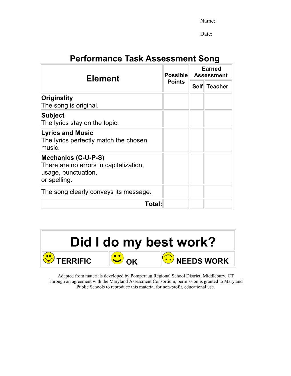 Performance Task Assessment Song