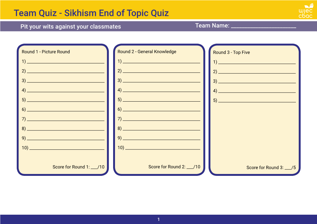 Sikhism End of Topic Quiz Pit Your Wits Against Your Classmates Team Name: ______