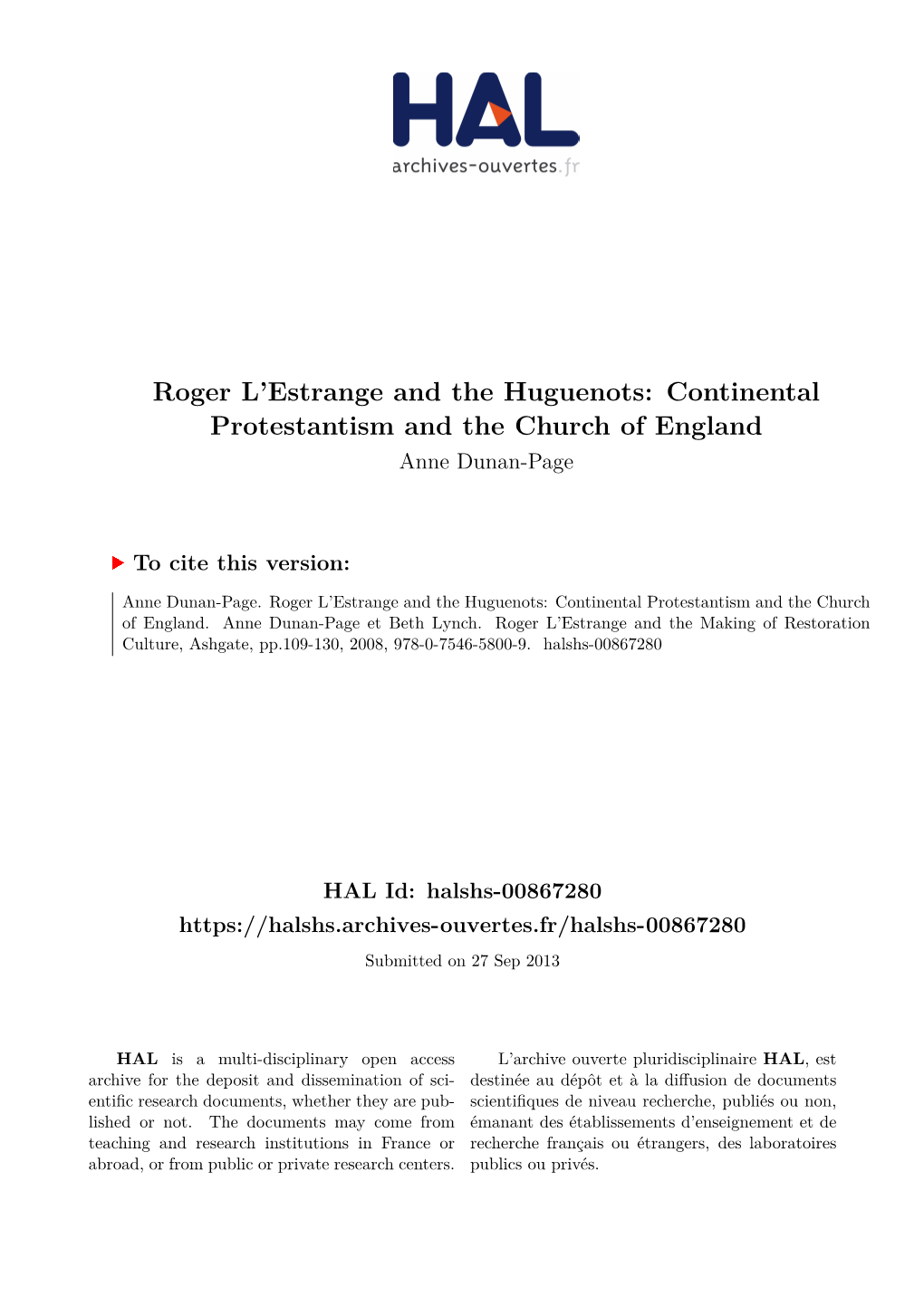 Roger L'estrange and the Huguenots: Continental Protestantism and the Church of England