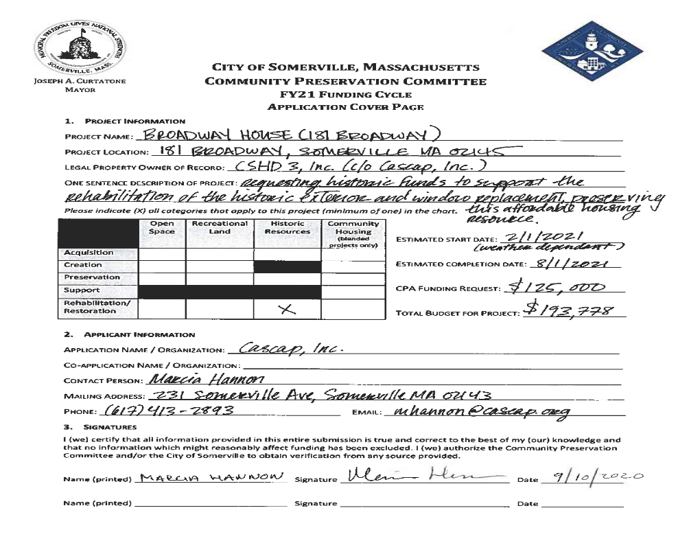 Broadway House / 181 Broadway Somerville Community Preservation Committee (CPC) Application Narratives