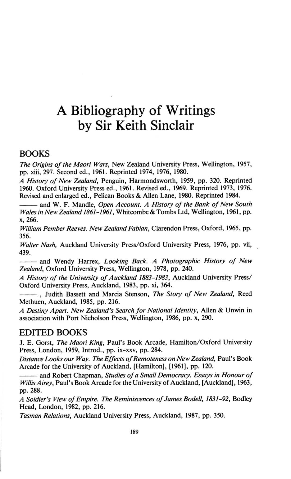 A Bibliography of Writings by Sir Keith Sinclair