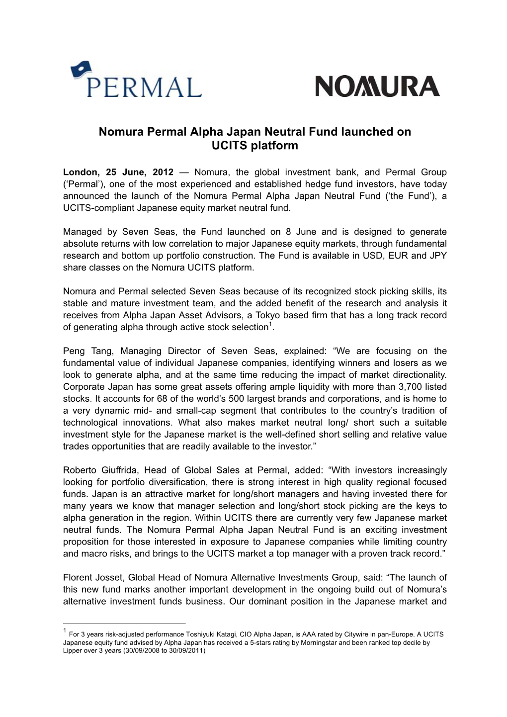 Nomura Permal Alpha Japan Neutral Fund Launched on UCITS Platform