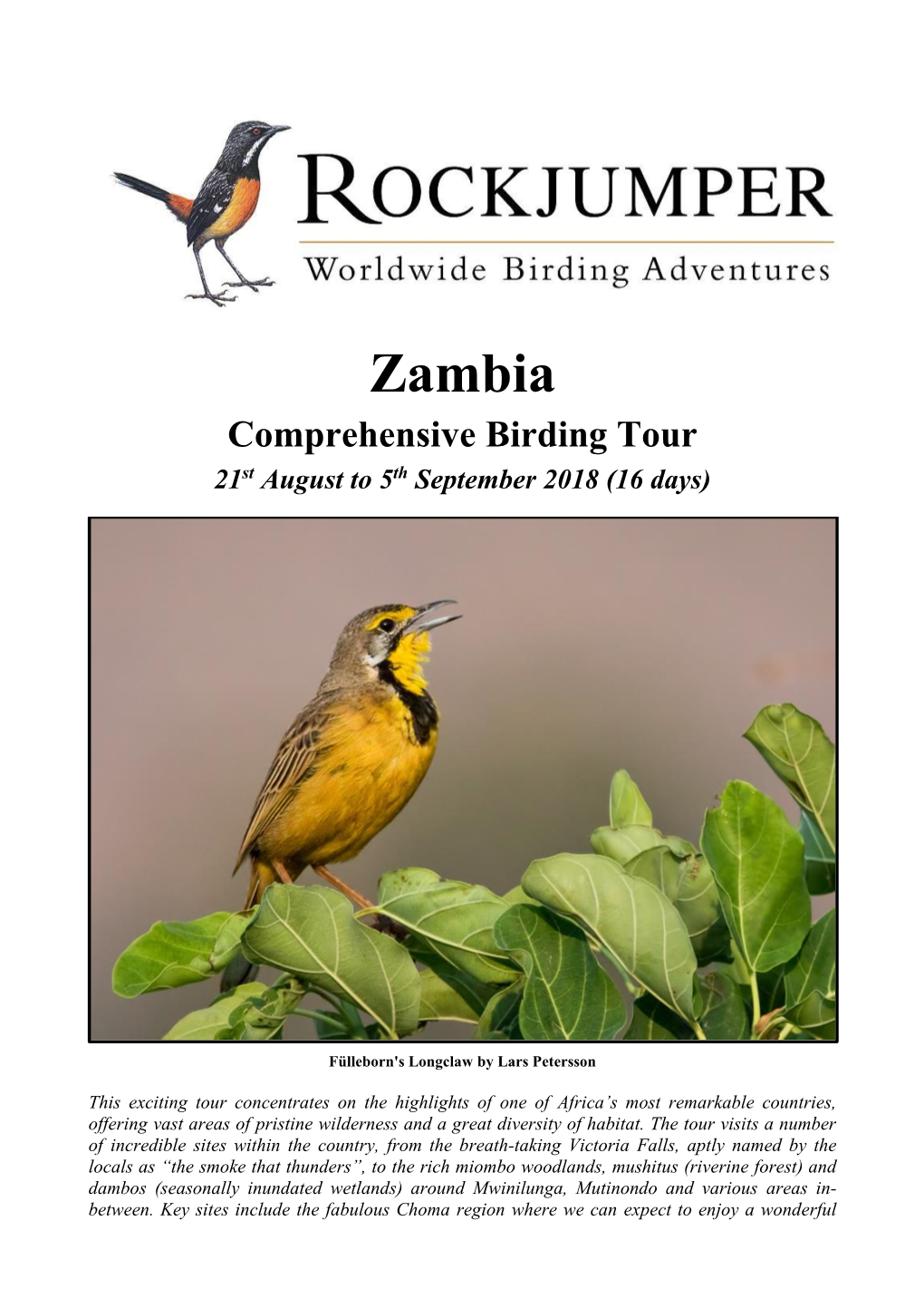 Zambia Comprehensive Birding Tour 21St August to 5Th September 2018 (16 Days)